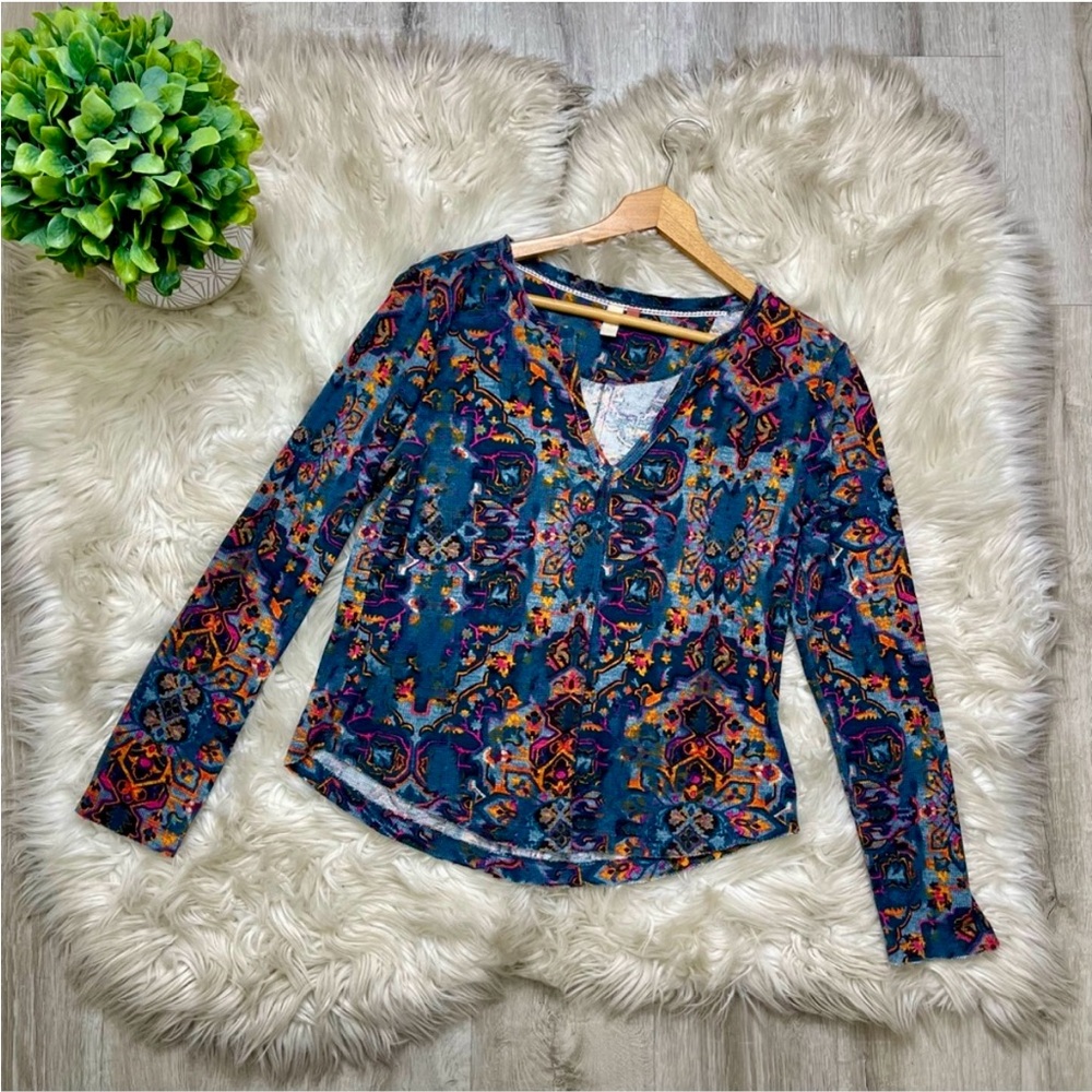 Anthropologie Pilcro Top Pullover Long Sleeve Split-Neck Thermal Damask Floral